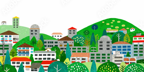 Bild auf Leinwand watercolor hillside town illustration with colorful houses and lush green trees