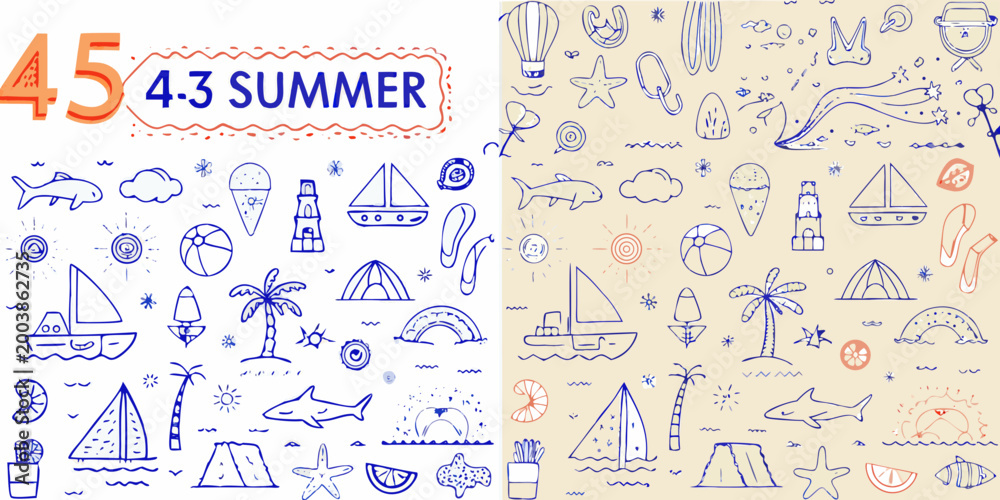 Obraz premium hand drawn summer themed doodles with nautical elements beach objects and tropical plants high quality