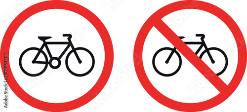 Bicycle prohibited road sign symbol indicating no cycling area and restricted movement zone, traffic warning and safety regulation concept illustration for urban street control system.