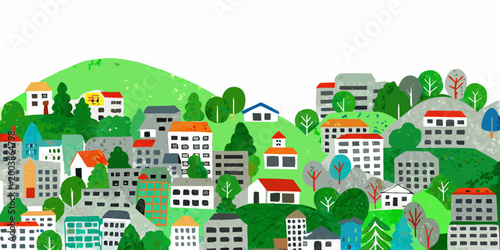 Bild auf Leinwand colorful hillside town illustration with houses and trees against a green landsc