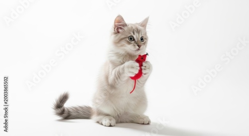 Adorable fluffy kitten playing with red toy mouse, cute grey striped cat sitting on white background, playful young feline with pet toy