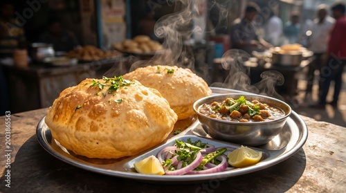 Authentic Indian Street Food Chole Bhature Served on a Metal Plate in a Busy Market.
