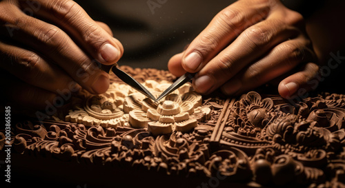 Hands meticulously carving intricate details into a wooden sculpture.