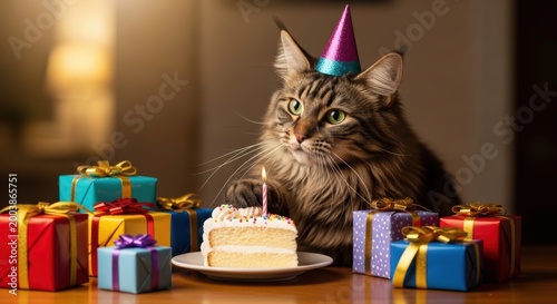 Adorable Maine Coon cat celebrating birthday with party hat, fluffy tabby cat with slice of birthday cake and candle, colorful gift boxes on table