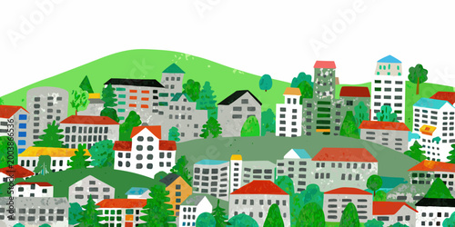 Obraz na płótnie watercolor hillside town illustration with colorful buildings and green trees ag