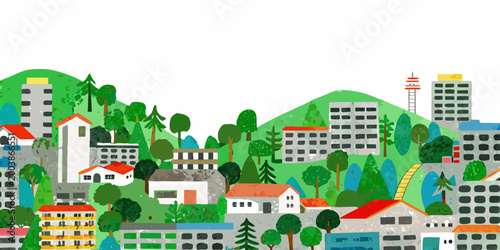 Bilde på lerret colorful hillside town illustration with varied architecture and lush green tree