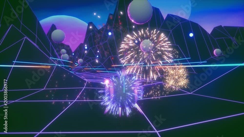 Vibrant futuristic cityscape with neon lights and fireworks at dusk