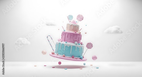 Three-tiered pastel celebration cake with lollipops and floating candies