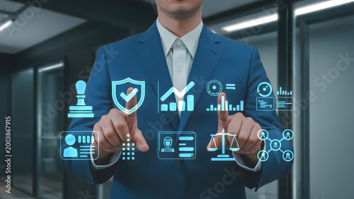 Businessman interacting with digital interface of legal and business compliance icons like justice scales security shield growth charts data report.