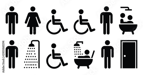 Cuadro en lienzo Restroom and bathing icons, including male female disabled toilet and shower sym