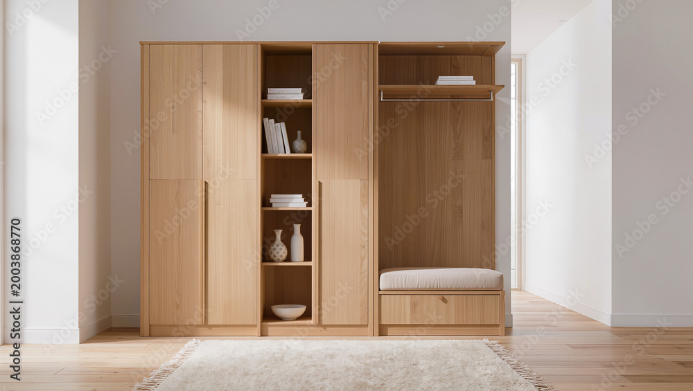 Fototapeta premium Minimalist Oak Wood Entryway Cabinet with Built-in Seating and Storage Units