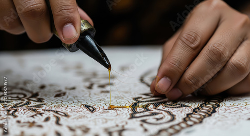 Batik Artisan Applying Hot Liquid Wax with Traditional Canting Tool
