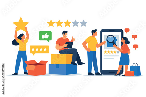 Customer feedback shows product rating stars and review text online.