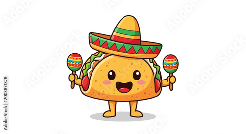 Bild auf Leinwand Happy Cartoon Taco Character Wearing Sombrero and Playing Maracas