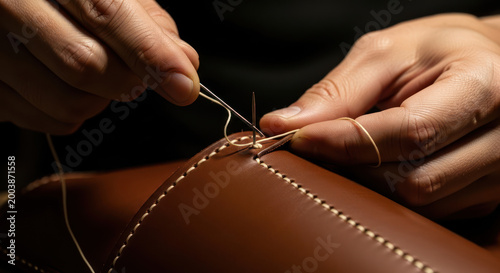Hands meticulously sewing leather with needle and thread crafting a durable seam.