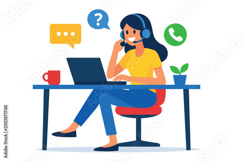 Support operator with headset assists customers providing service and communication help.