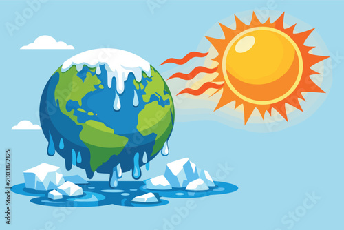 Sun heats planet causing ice melt and global warming environmental issue.
