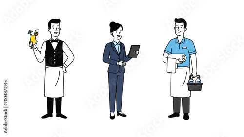 Diverse Service Industry Professionals: Bartender, Businesswoman, Housekeeper Vector Set