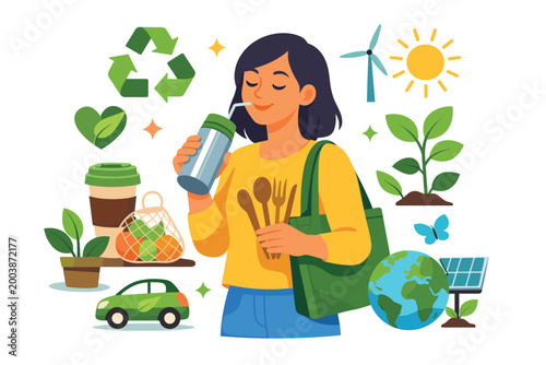 Person uses reusable items and eco habits supporting sustainable lifestyle.