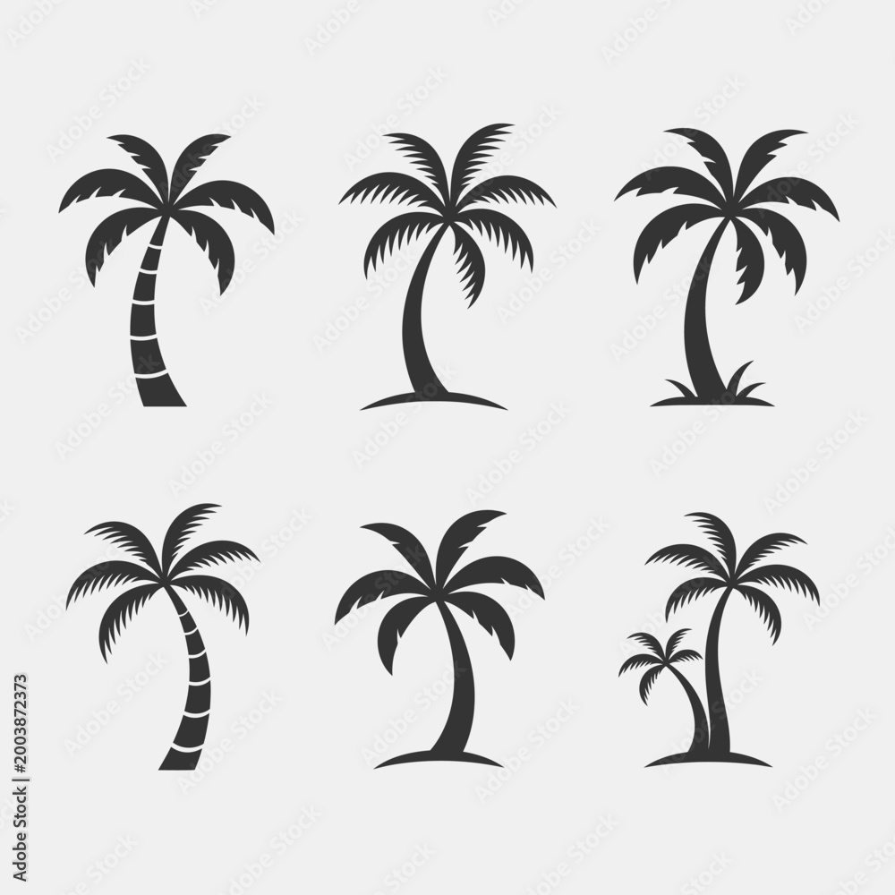 Fototapeta premium Collection of six black silhouette palm trees on a light gray background