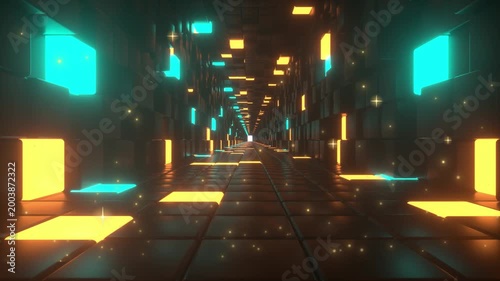 futuristic neon city corridor with glowing cyberpunk lighting and digital atmosphere