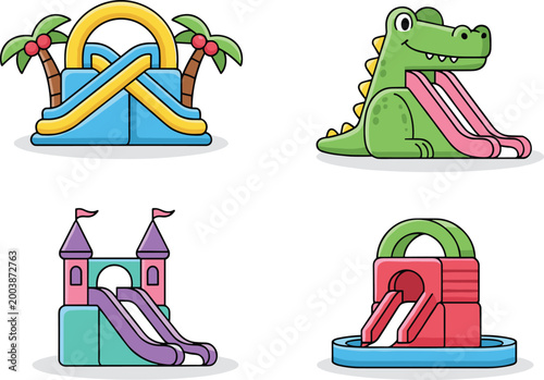 Fényképezés Set of four colorful inflatable bouncy castles and water slides with various themes isolated on white background