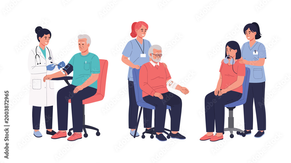 Obraz premium Healthcare professionals providing medical check-ups and patient support to seniors. Doctor and nurse caring for elderly people.