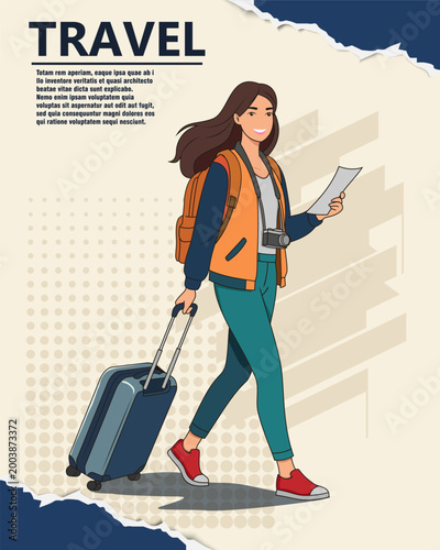 Travel poster illustration of a happy woman walking with a suitcase, backpack, and camera on a torn paper background.