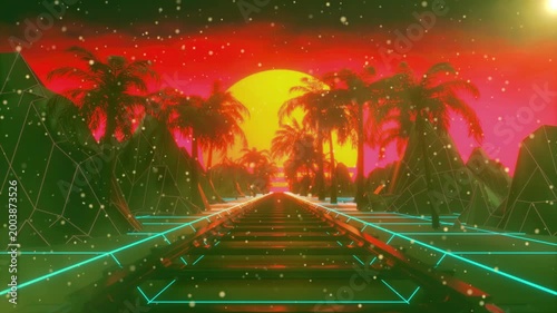 futuristic tropical sunset with neon-lit palm trees and glowing horizon in digital art landscape