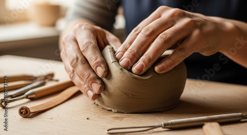 Hands shaping clay into a bowl with pottery tools nearby.