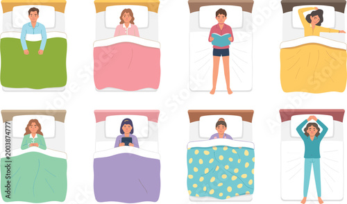 Sleeping positions illustration showing diverse people resting in colorful beds with blankets design