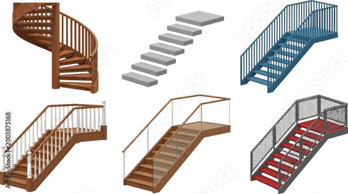 Collection of various staircase designs including spiral wood stairs floating concrete steps industrial metal stairways and modern glass railing vector illustration set
