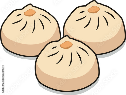 Cartoon illustration of a bamboo steamer filled with three steamed dim sum buns, Xiao Long Bao, or baozi dumplings.