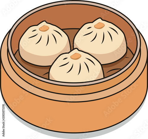 Schilderij op canvas Cartoon illustration of a bamboo steamer filled with three steamed dim sum buns, Xiao Long Bao, or baozi dumplings
