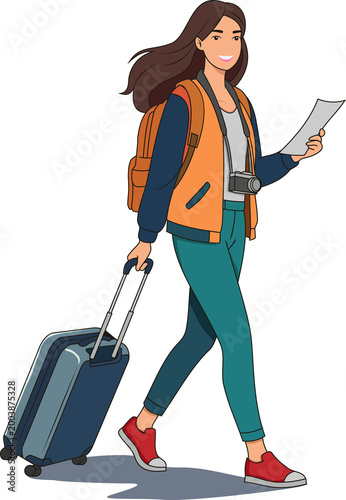 Happy woman tourist walking with suitcase, backpack, and camera. Travel and vacation vector illustration on white background.