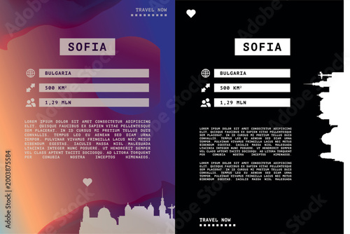 Sofia, Bulgaria poster, page design template with city information data and text areas. Travel marketing and tourism infographics concept for brochures, web design
