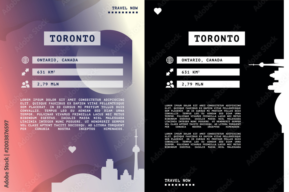 Naklejka premium Toronto, Canada poster, page design template with city information data and text areas. Travel marketing and tourism infographics concept for brochures, web design