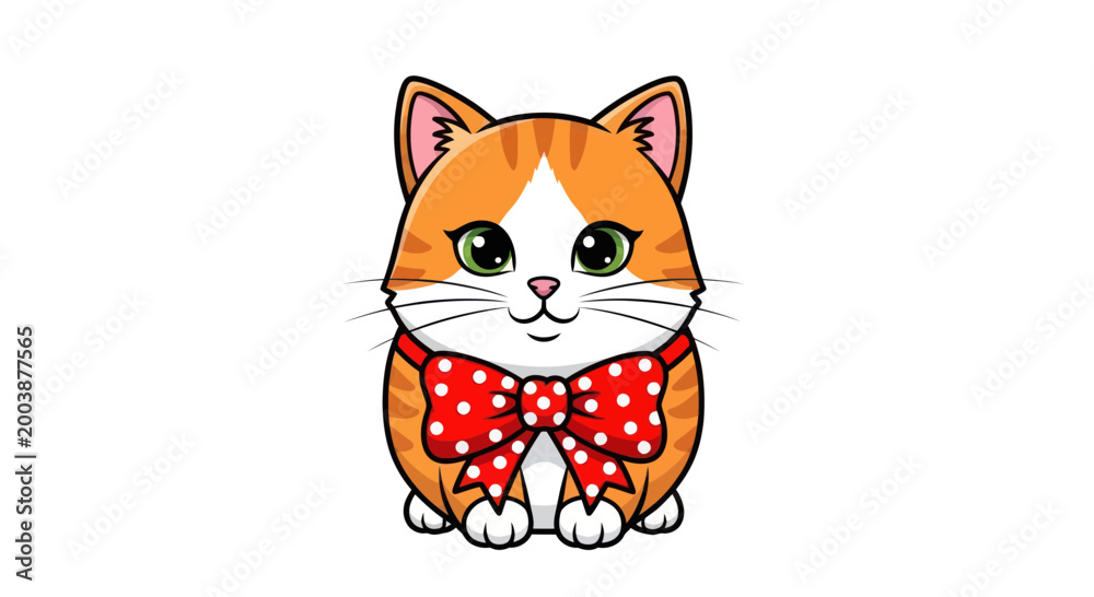 Obraz premium Cute cartoon ginger cat wearing a red polka dot bow tie, isolated on white background.