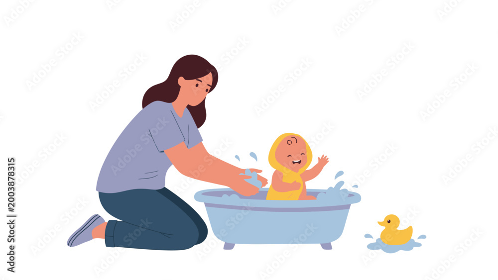 Fototapeta premium Joyful baby bath time with loving mother and rubber duck. Parental care and childhood hygiene illustration.
