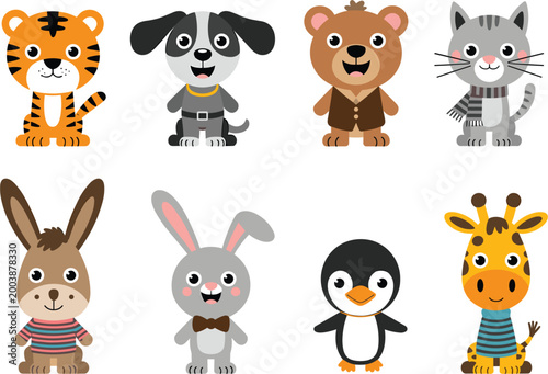 Cute animals vector illustration set, cartoon zoo characters collection, tiger dog bear cat rabbit penguin giraffe flat design