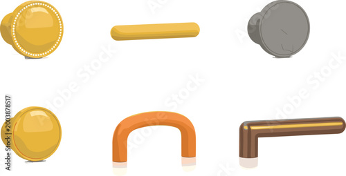 Foto Set of six different cabinet knobs and handle pulls in various metallic finishes isolated on white background