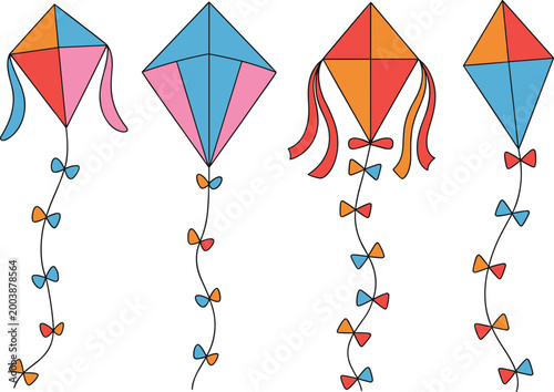 Colorful kite vector set, hand drawn flying kites with bows and ribbons, playful sky illustration, kids design elements