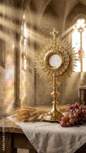 Eucharistic holy sacrament: Corpus Christi, Body Blood, Christ Feast, true religion, divine grace, sacred host, monstrance glow, church light, grape wheat, altar table.