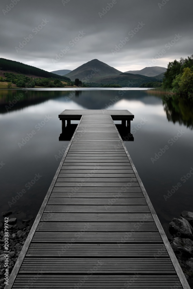 Fototapeta premium Wooden dock leading toward mountain over calm lake