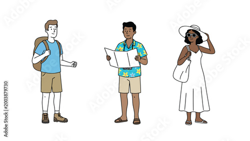 Diverse Group of Cartoon Travelers and Tourists for Summer Vacation Adventure