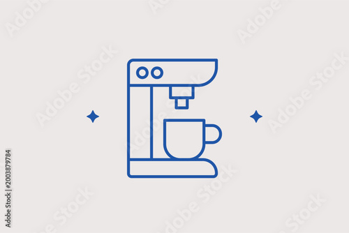 Espresso machine line icon for professional brewing and modern cafe equipment. Sleek vector illustration for coffee shop equipment reviews and barista workplace layouts.
