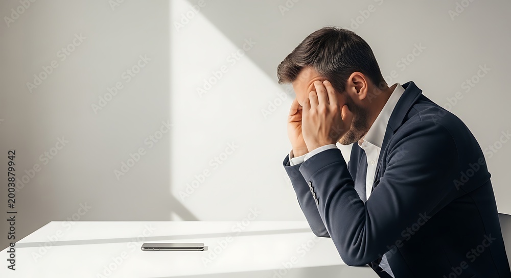 Naklejka premium Stressed Businessman Experiencing Burnout and Mental Health Challenges at Work.