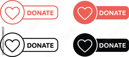 Donate button vector set, heart icon call to action labels, outline and solid styles, charity fundraising design elements