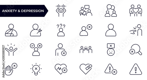 Anxiety and Depression Mental Health Problems Line Icon Set for Stress, Emotional Disorders, Therapy, Psychological Support and Wellness Awareness Outline Vector Collection
