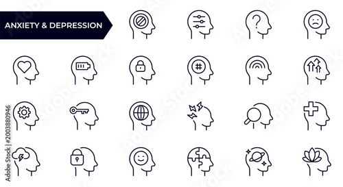 Anxiety and Depression Mental Health Problems Line Icon Set for Stress, Emotional Disorders, Therapy, Psychological Support and Wellness Awareness Outline Vector Collection